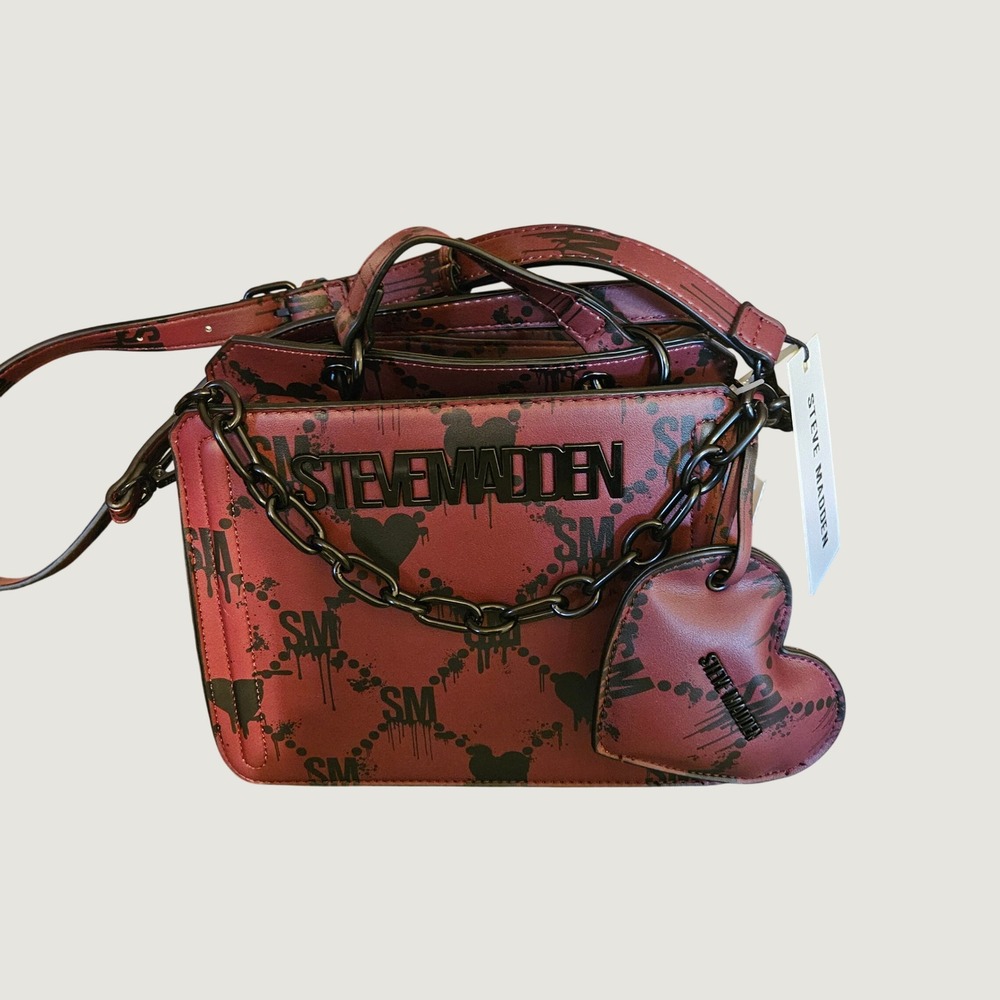 Steve Madden Wine Black Logo Heart Drip Satchel Crossbody Bag NWT Halloween Goth